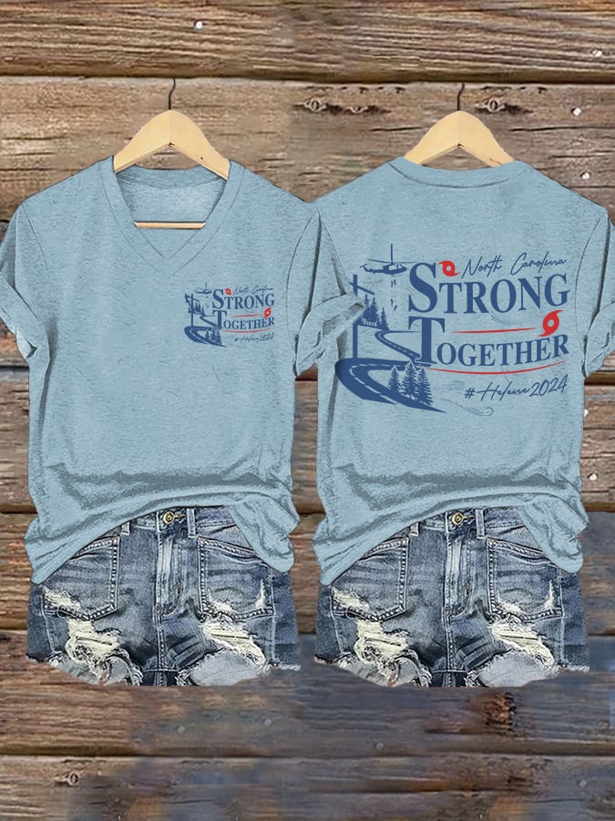 V-neck Retro North Carolina Strong Together Helene Hurricane 2024 Print T-Shirt