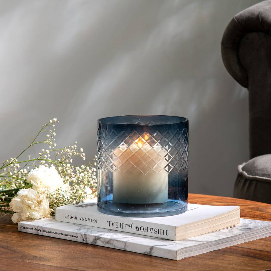 Seline Textured Glass Hurricane Small - Indigo