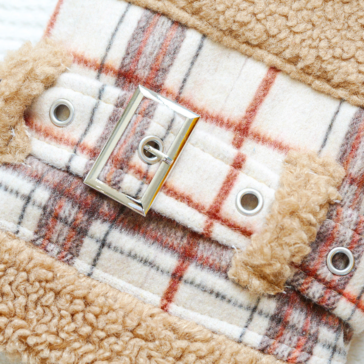 Plaid Pattern Belt Fleece Warm Dog Harness Jacket