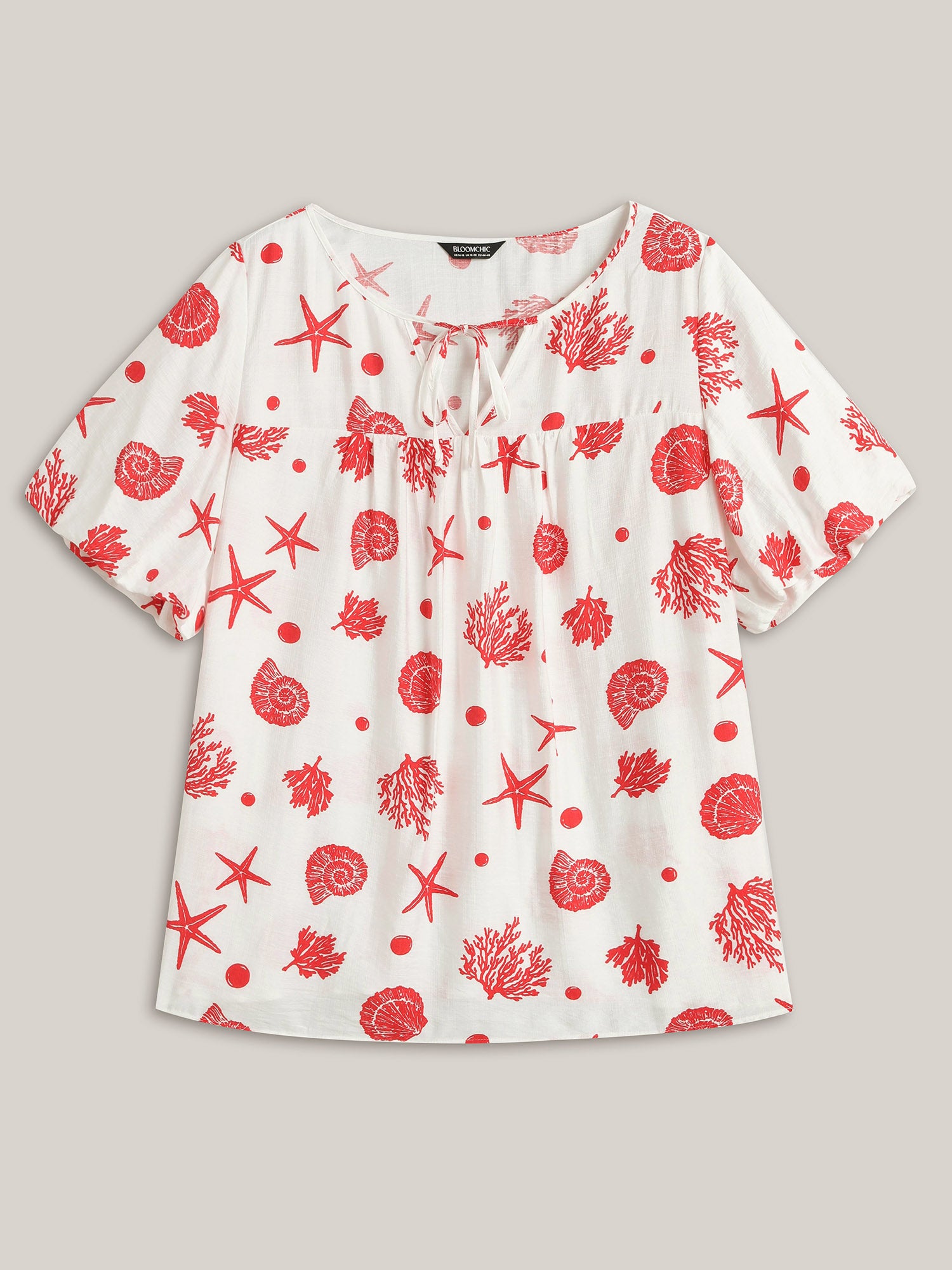 Seashore Print Keyhole Pleated Blouse