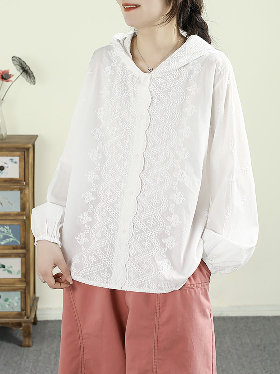 Women Summer Artsy Embroidery Hooded 100%Cotton Shirt