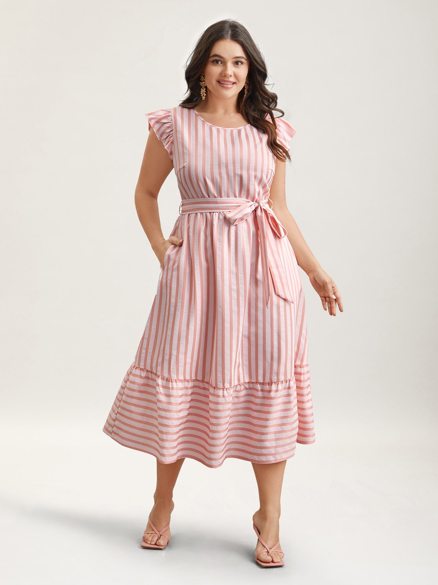 Pastel Stripes Belted Pockets Midi Dress