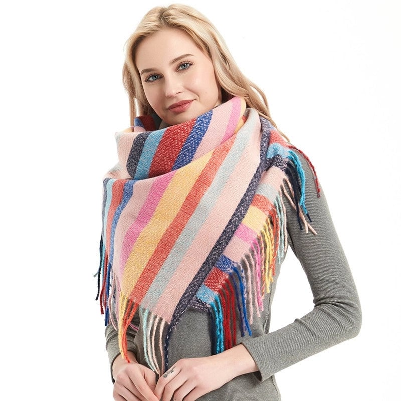 New Circle Yarn Stripe Plaid Polyester Long Tassel Bristle Square Scarf Female Men's Scarf Shawl
