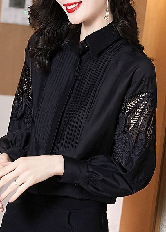 Stylish Black Embroidered Hollow Out Shirt Puff Sleeve Spring