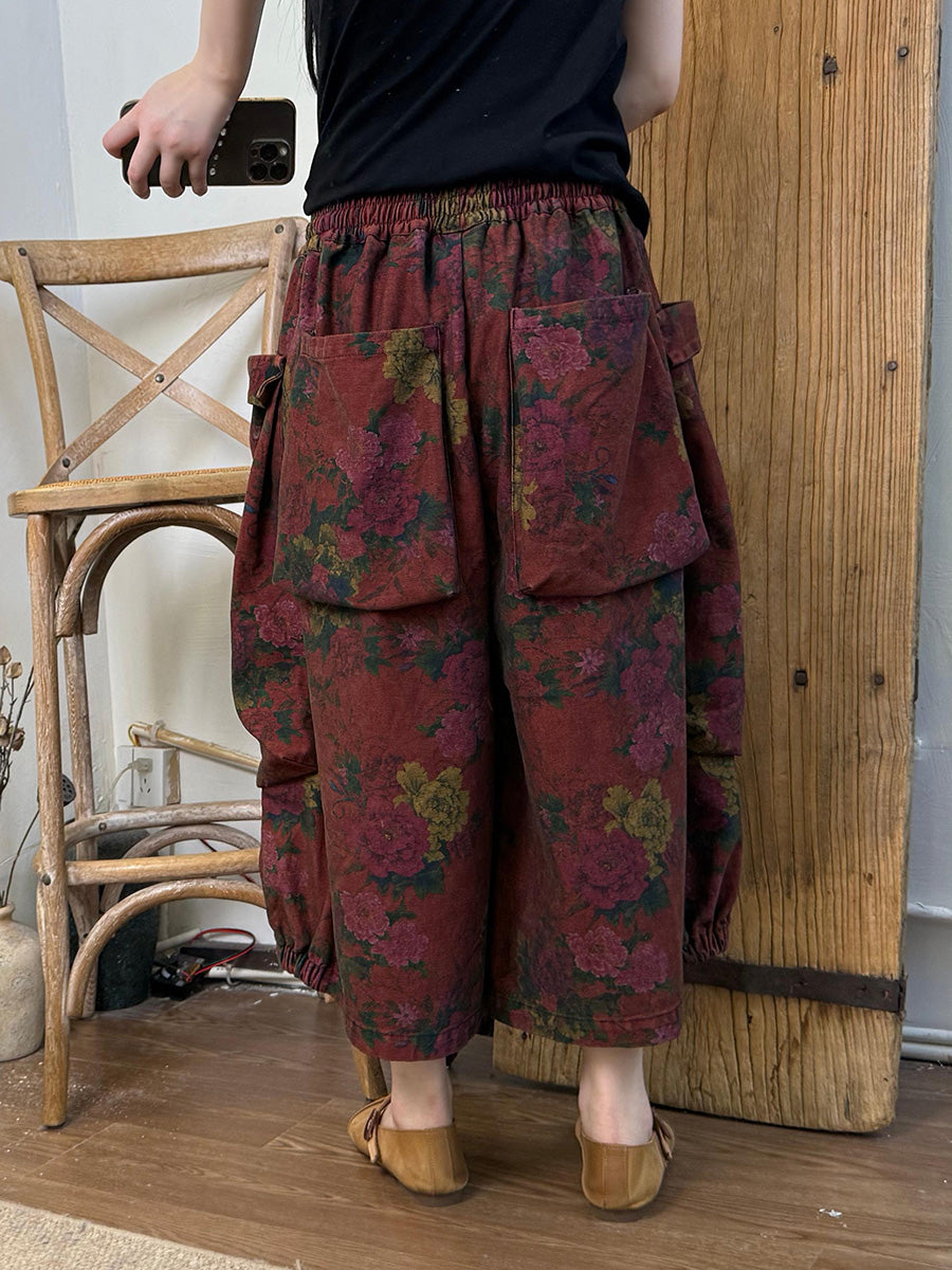 Women Summer Retro Flower Cotton Wide-leg Pants