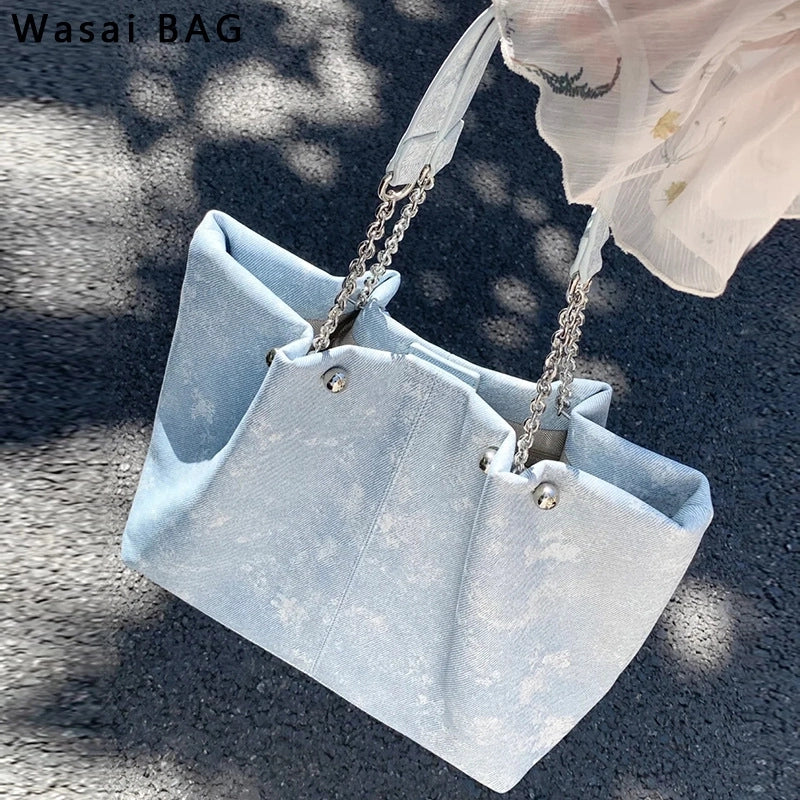 Women's Bag New Ink Blue Tote Bag Women's Advanced Large Capacity Denim Pattern Chain Shoulder Handbag