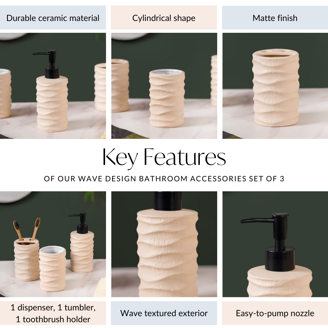 Wave Design Bathroom Accessories Set Of 3 Beige Matte