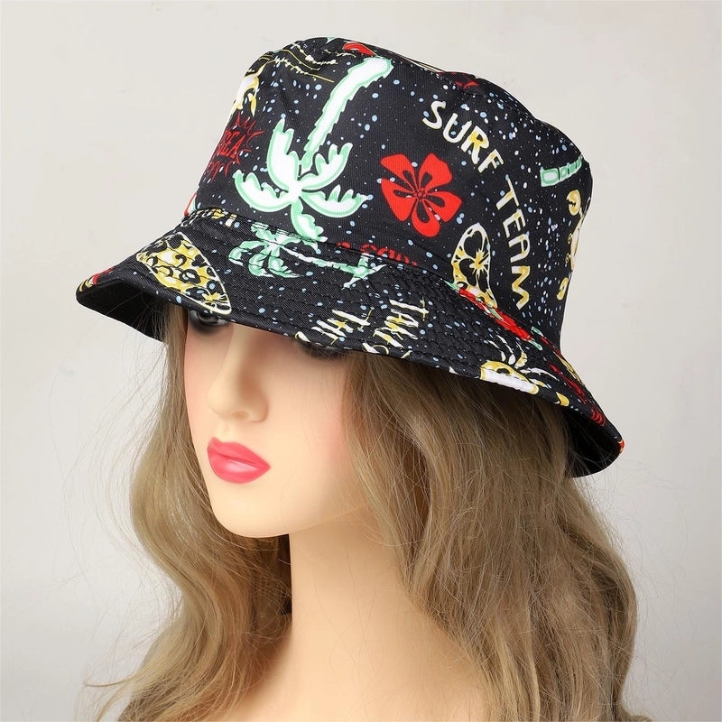 Women's Vacation Beach Animal Coconut Tree Fish Printing Wide Eaves Bucket Hat