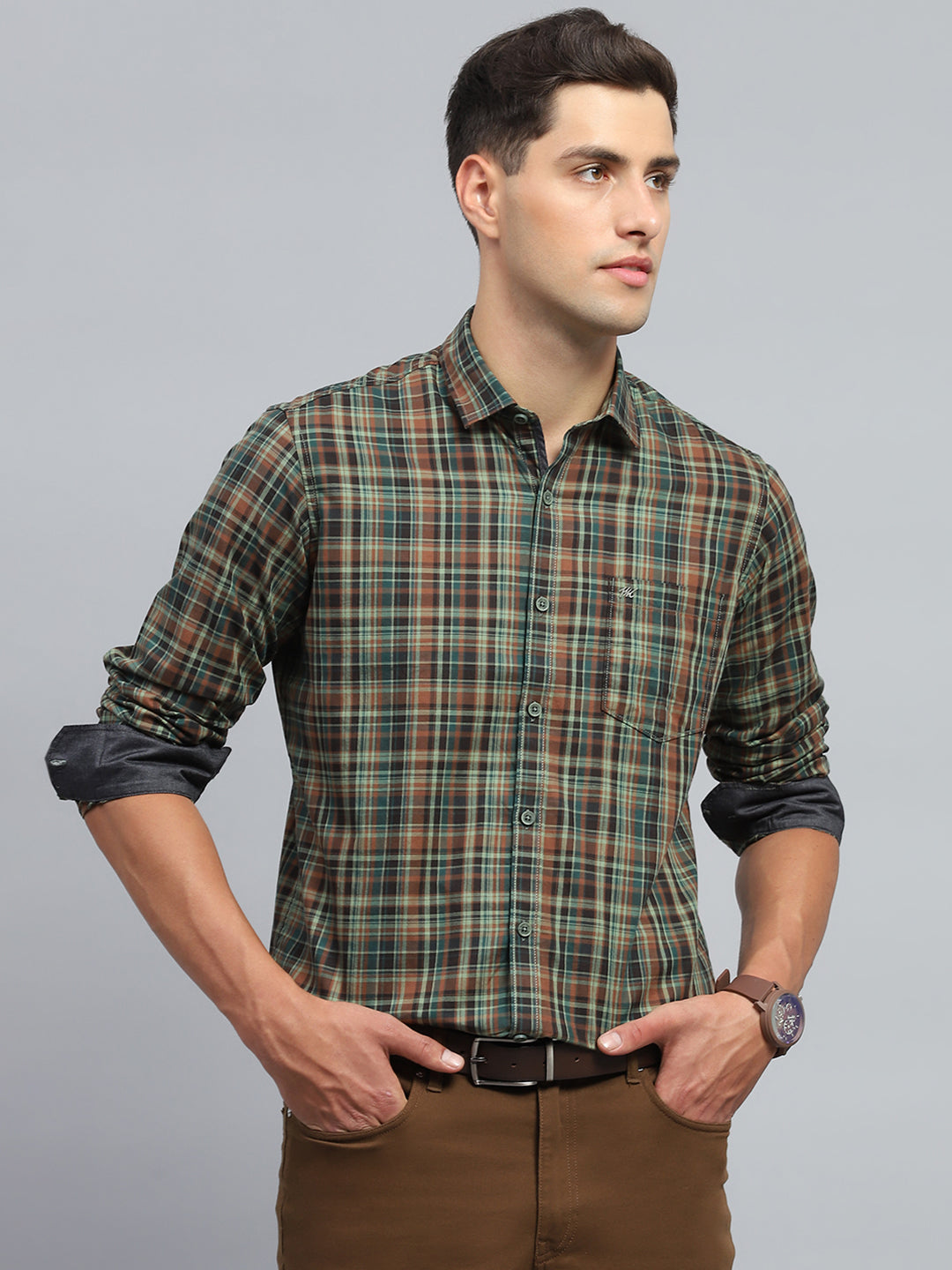 Men Olive Check Collar Full Sleeve Shirt