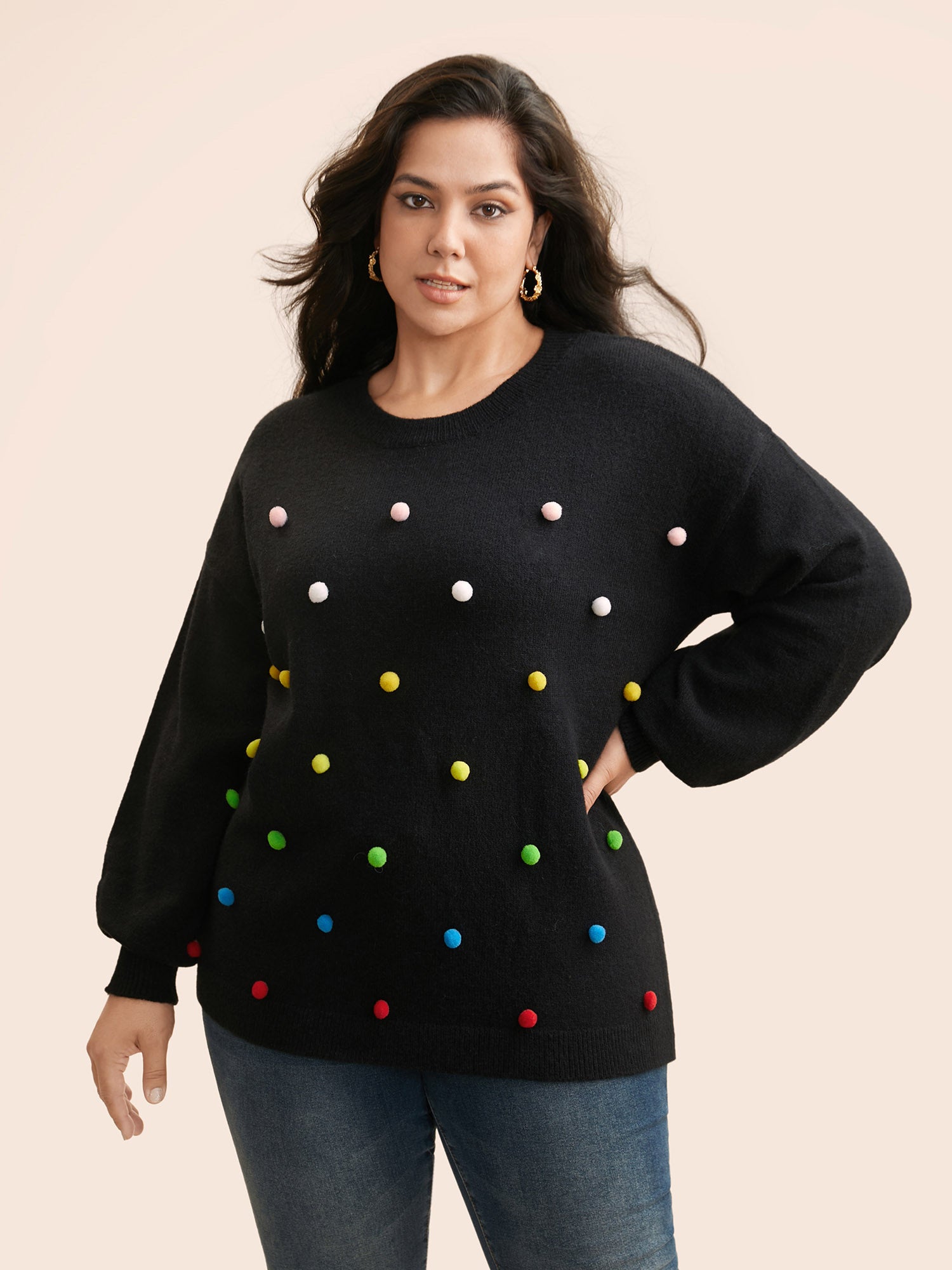 Colored Fluffy Ball Drop Shoulder Pullover