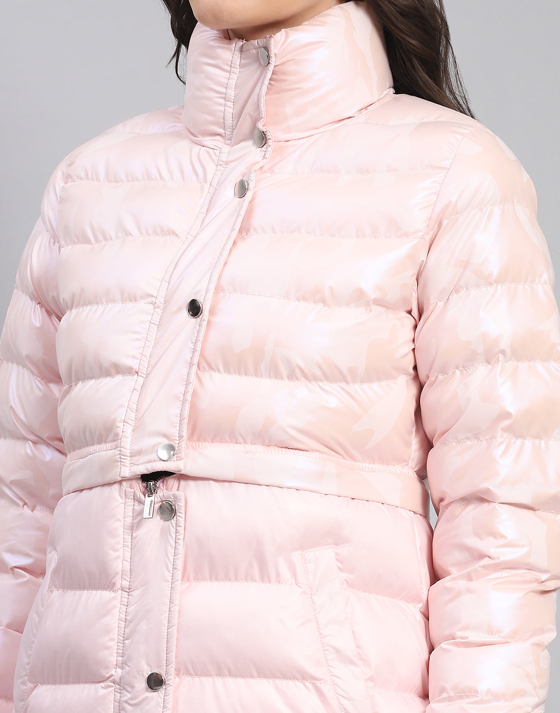 Women Pink Solid Stand Collar Full Sleeve Jacket