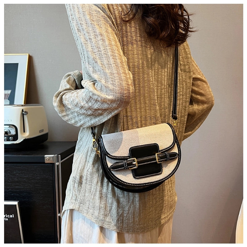 Women's Small Pu Leather Color Block Streetwear Square Magnetic Buckle Saddle Bag