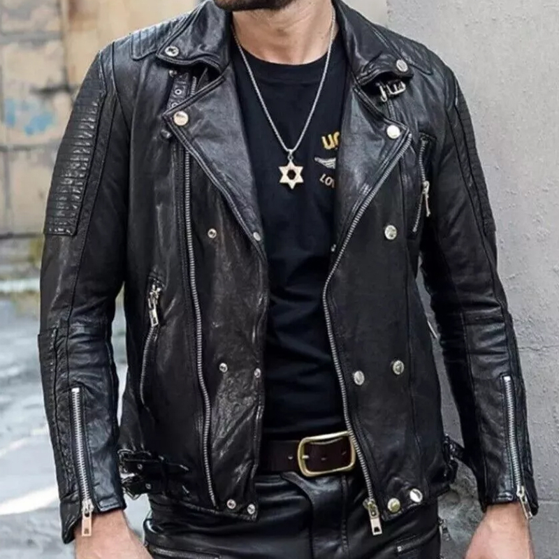 Men's Black Leather Zip-Up Motorcycle Jacket