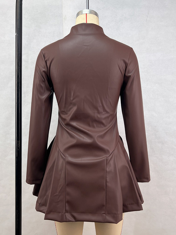 Long Sleeves Skinny Pleated Split-Joint Zipper Stand Collar Mini Dresses