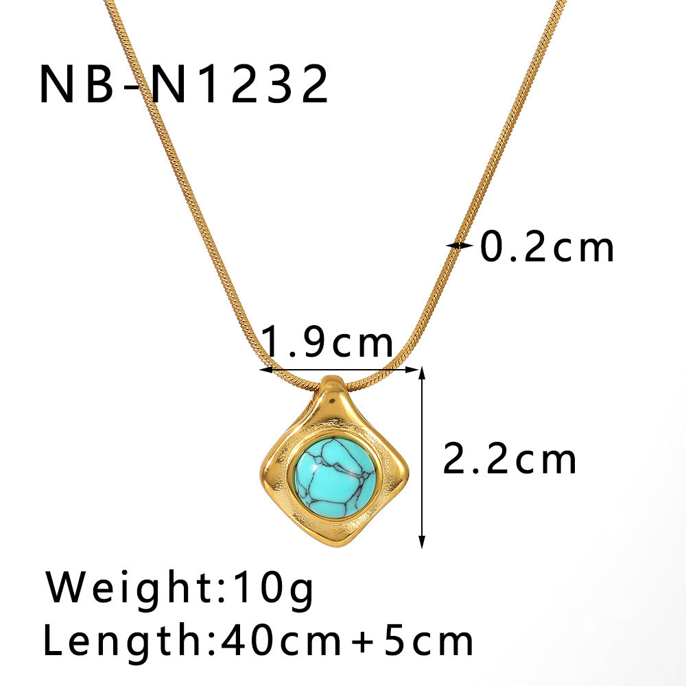 French Retro Style Tiger Eye Turquoise Natural Stone Pendant Necklace Stainless Steel 18K Gold Plated Clavicle Chain