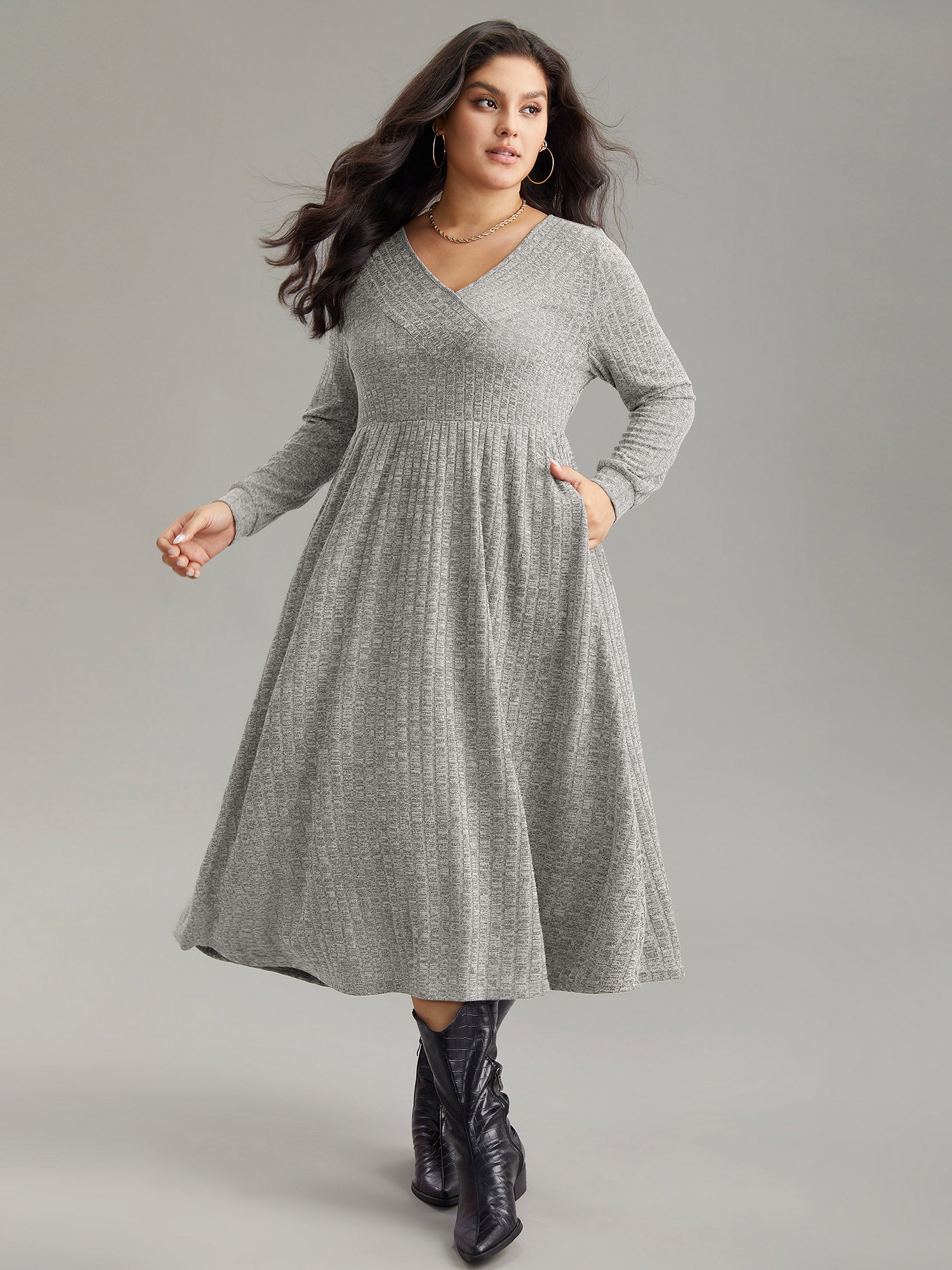 Rib Knit Plain Plisse Long Sleeve Dress