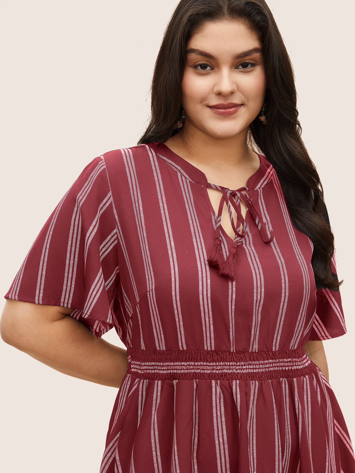 Striped Patchwork Tassels Ties Shirred Dress