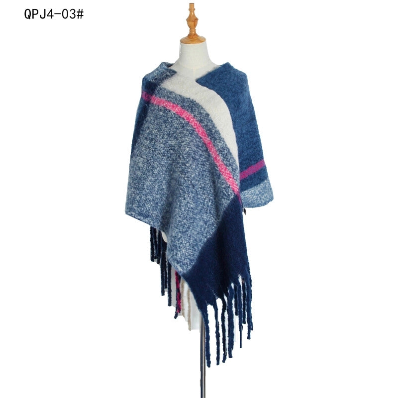 Hot Style New Autumn And Winter Women's Shawl Thick Tassel Loop Yarn Large Plaid Cloak