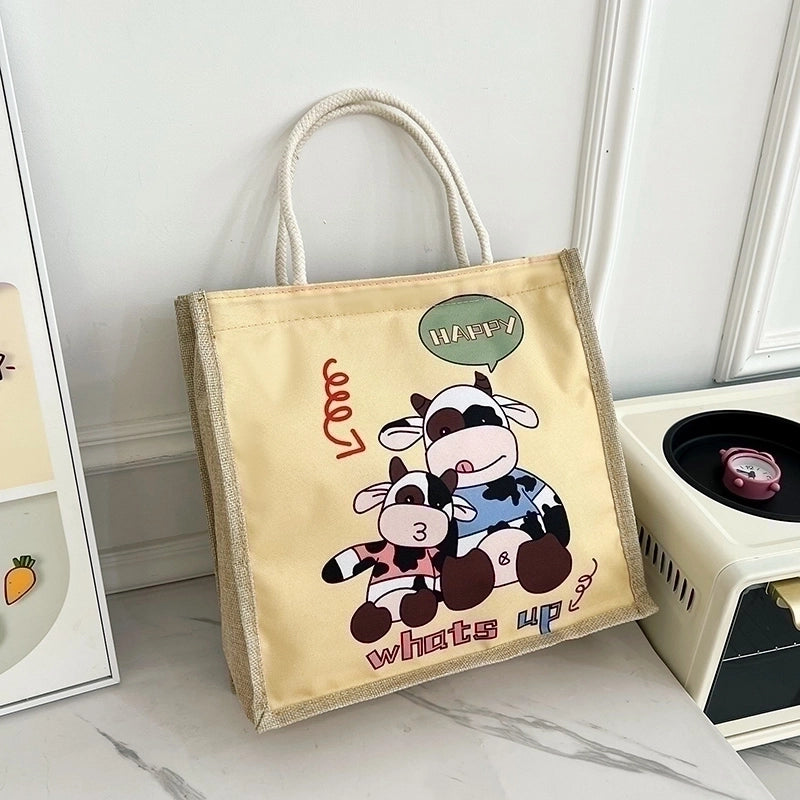 Women's Linen Animal Cartoon Classic Style Sewing Thread Square Zipper Handbag
