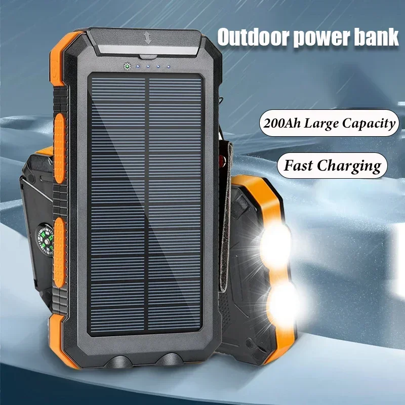 200000mAh Portable Solar Power Bank Suitable Xiaomi iPhone Samsung Outdoor Charger Power Bank Dual USB Charging with LED Light