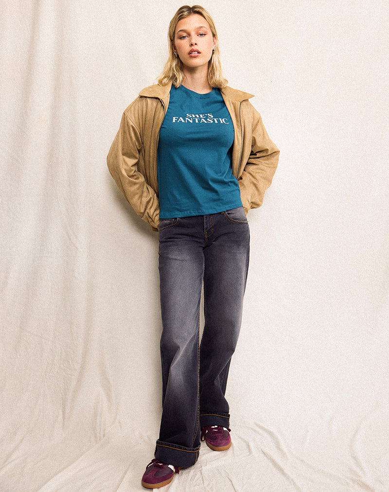 Saki Tee in Mediterranean Blue with She's Fantastic Slogan