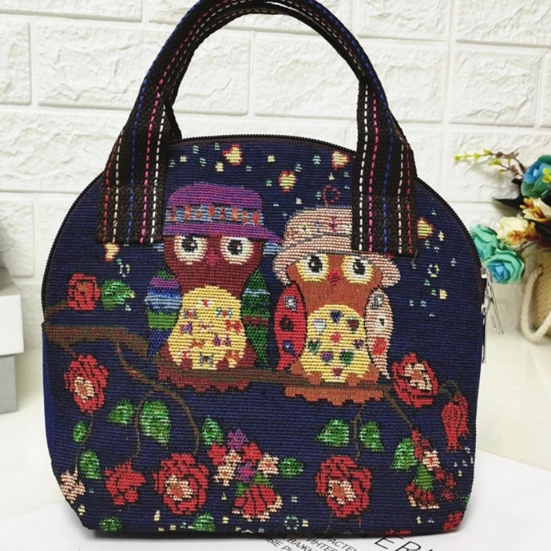 Women's Cotton And Linen Animal Cute Weave Shell Zipper Handbag