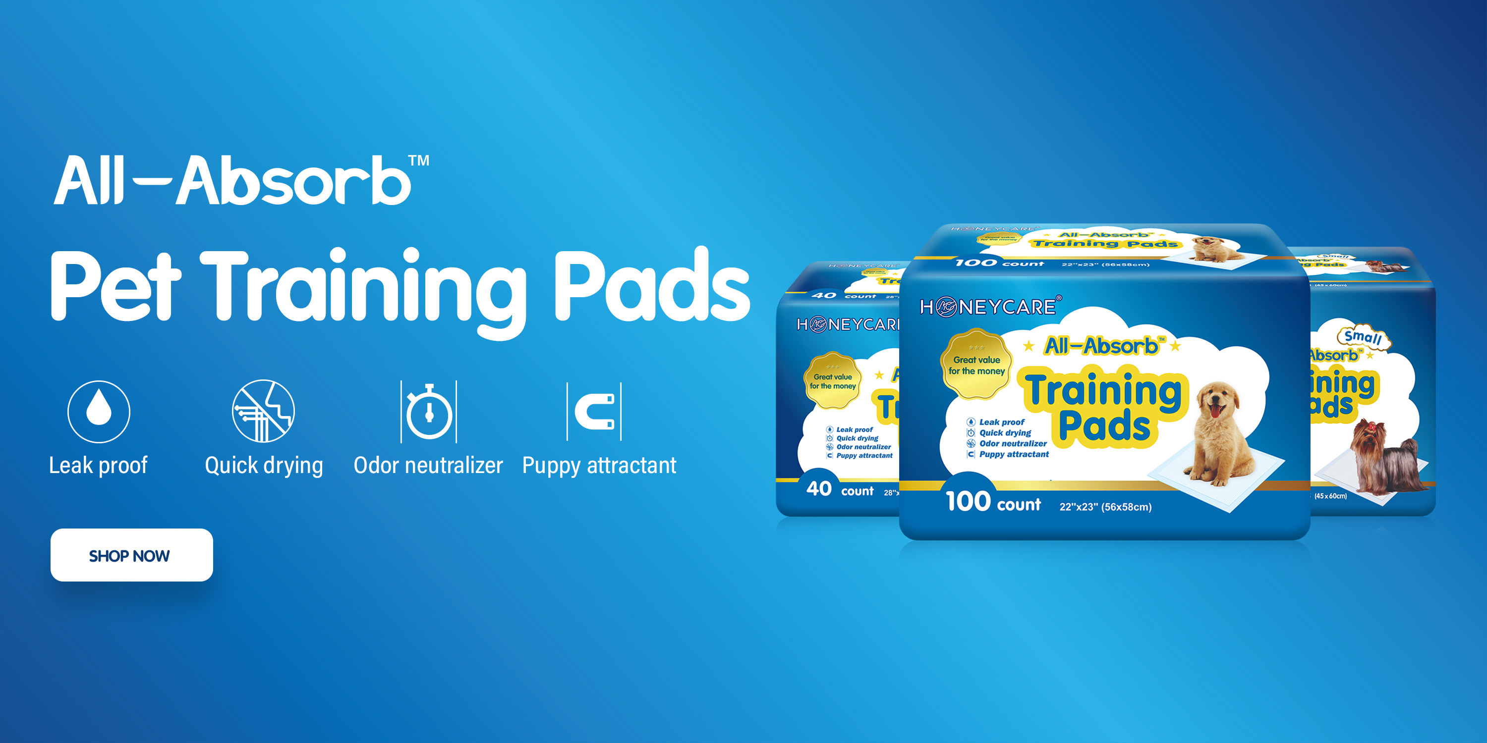 Honey Care All-Absorb. Small 17.5 x 23.5. 120 Count. Dog and Puppy Training Pads. Ultra Absorbent and Odor Eliminating. Leak-Proof 5-Layer Potty Training Pads with Quick-Dry Surface. Blue. A05