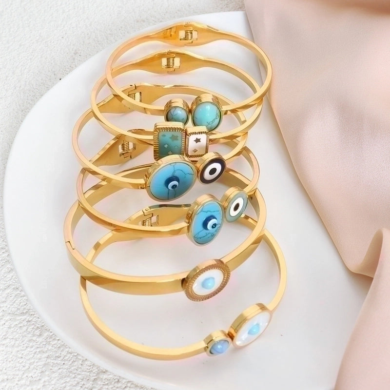 Devil'S Eye Titanium Steel 18K Gold Plated Turquoise Bangle In Bulk