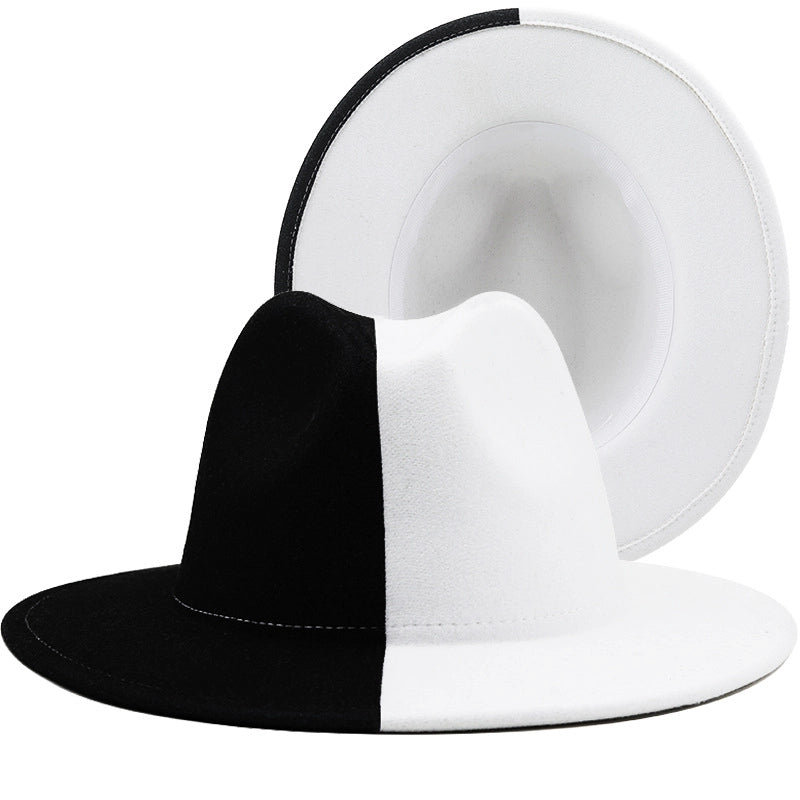 Yin And Yang Color Matching Woolen Felt Hat Autumn And Winter Party Fashion Flat-brimmed Jazz Hat