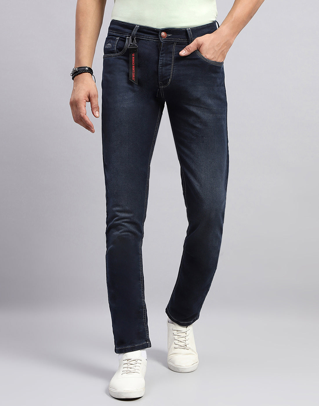 Men Dark Blue Light Wash Narrow Fit Denim