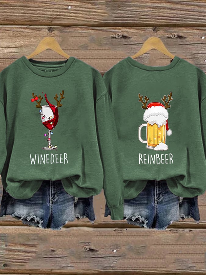 Retro Christmas Winedeer Reinbeer Print Sweatshirt