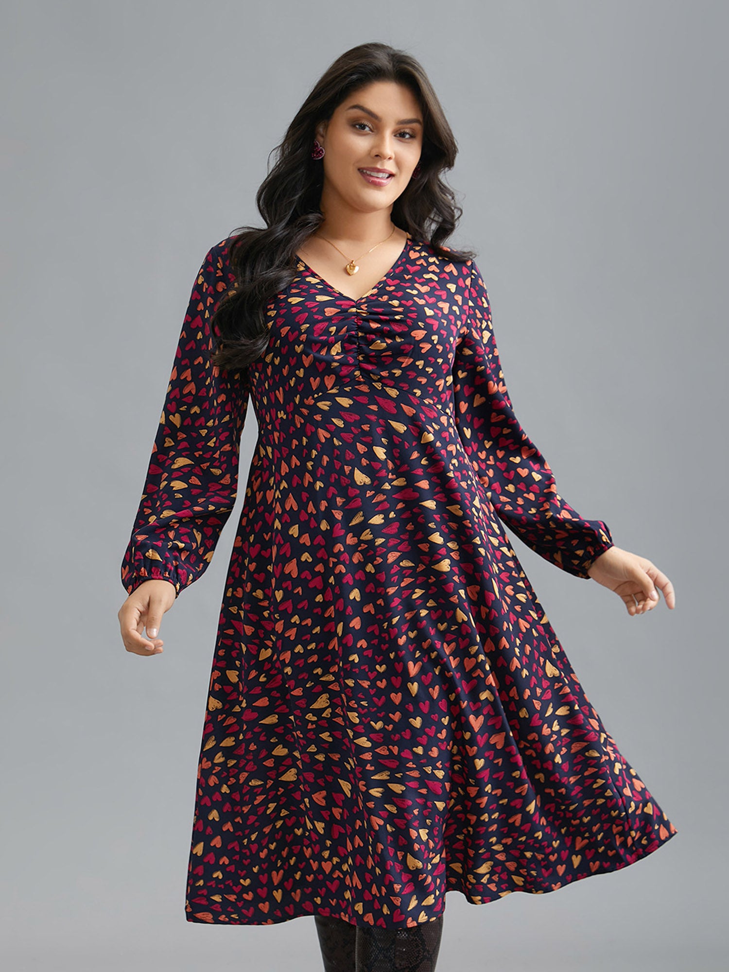 Multi-Color Hearts Pattern Stretchy Waist Dress