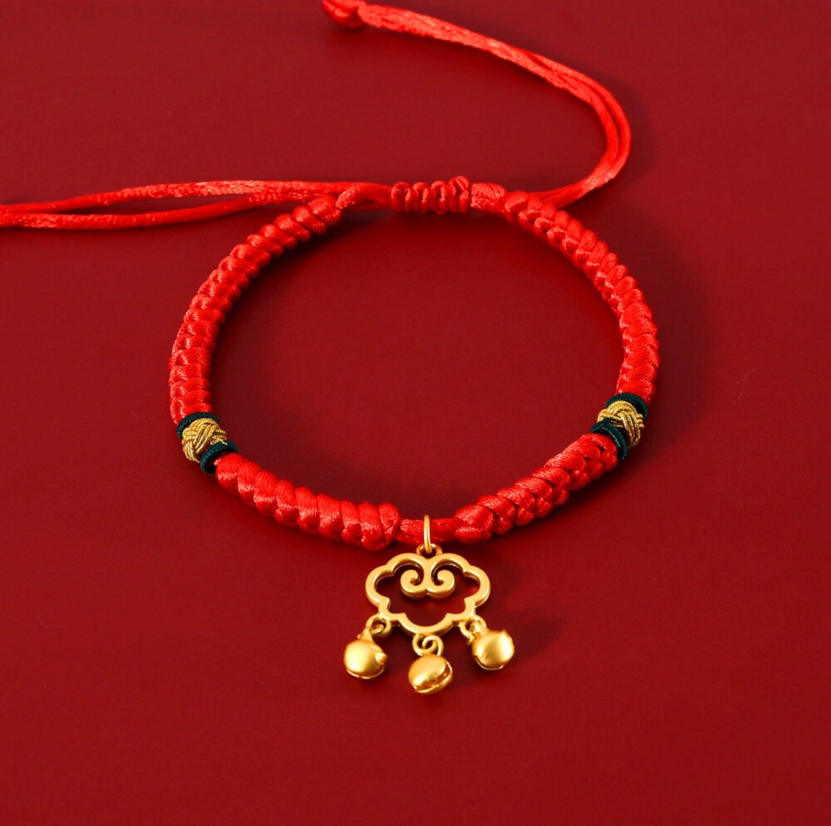 Adjustable Red Cord Pet Collar with Chinese Wishes Pendants