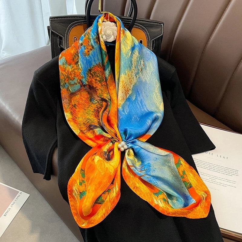 Fashion Light Luxury 90cm Simulation Silk Scarf Simple Striped Large Square Scarf