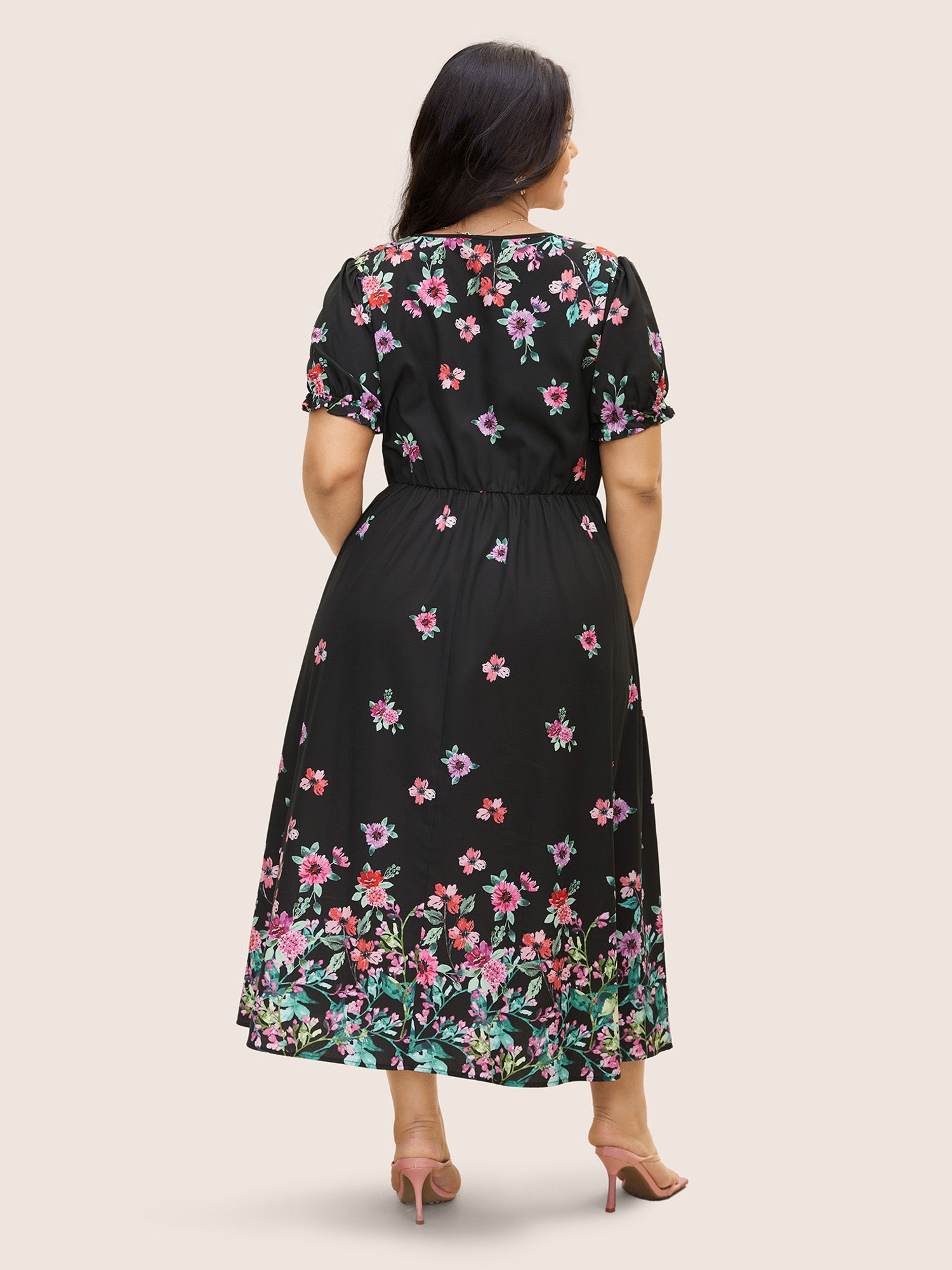 Boho Print V Neck Elastic Waist Dress