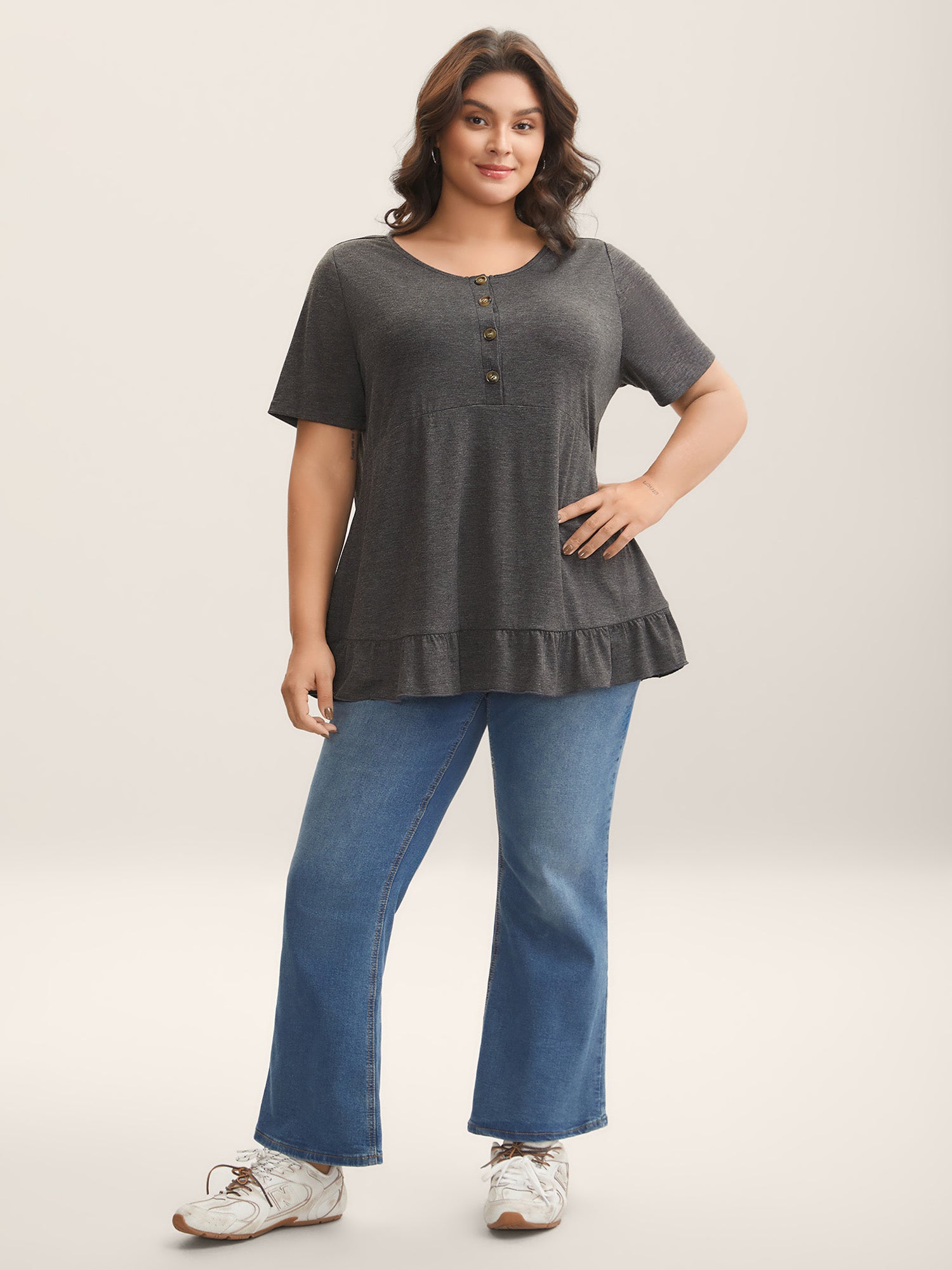 Button Detail Ruffled Hem Babydoll T-Shirt