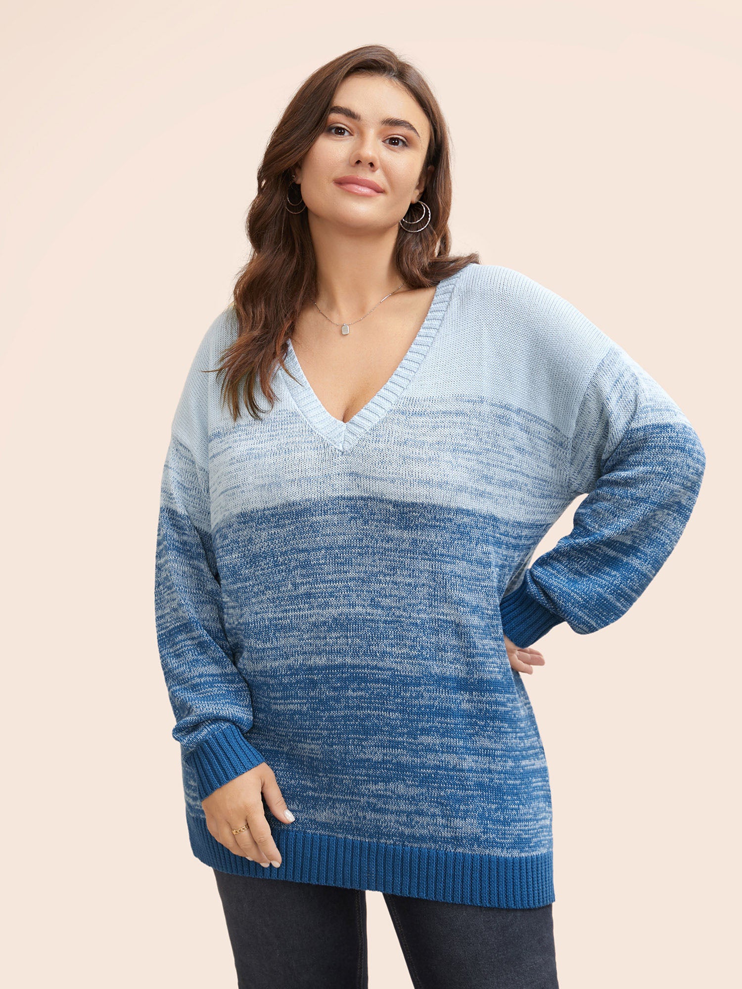 Cotton V Neck Ombre Split Hem Pullover