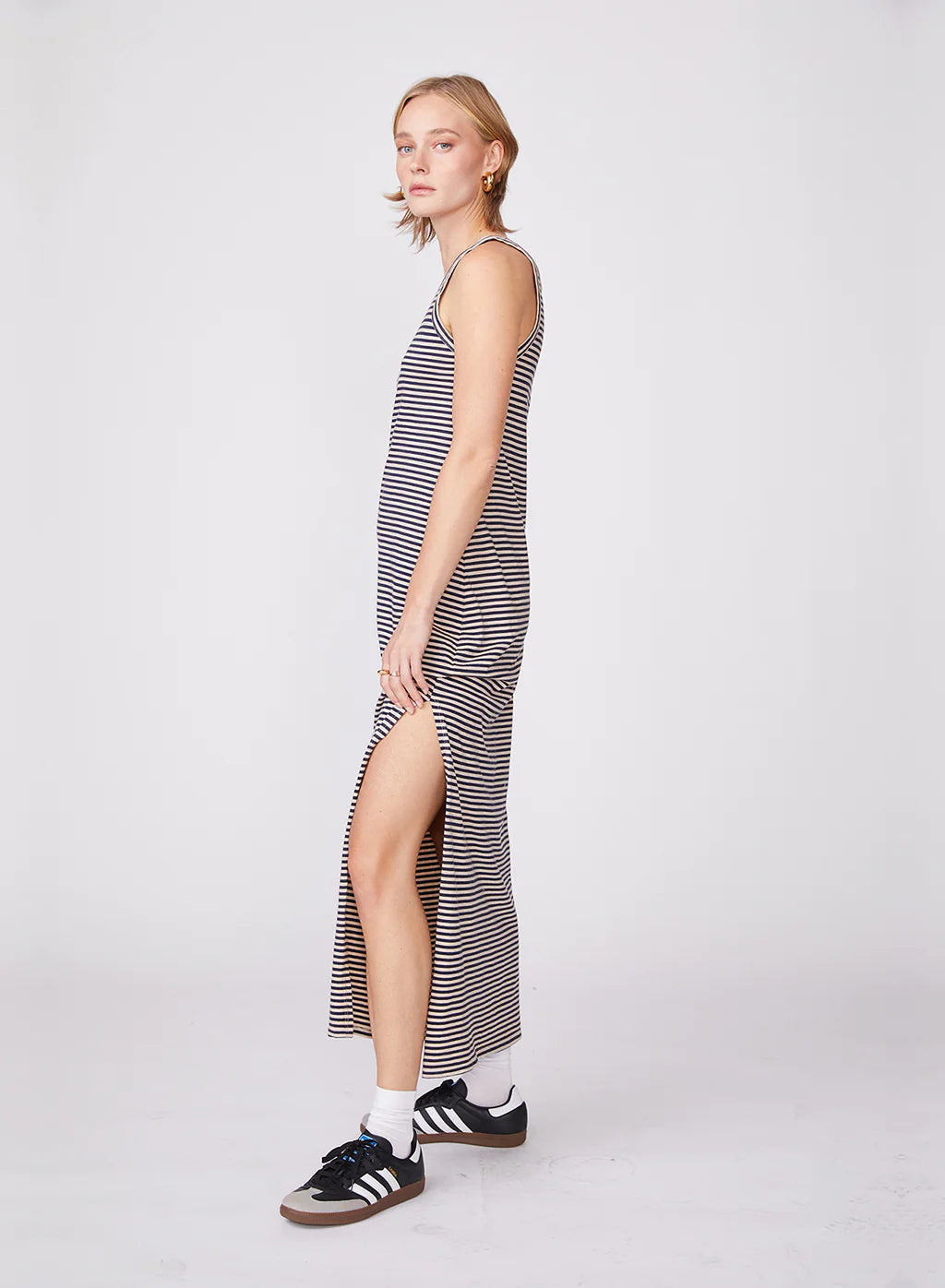 Mini Navy and Wheat Stripe Jersey Tank Dress with Side Slit