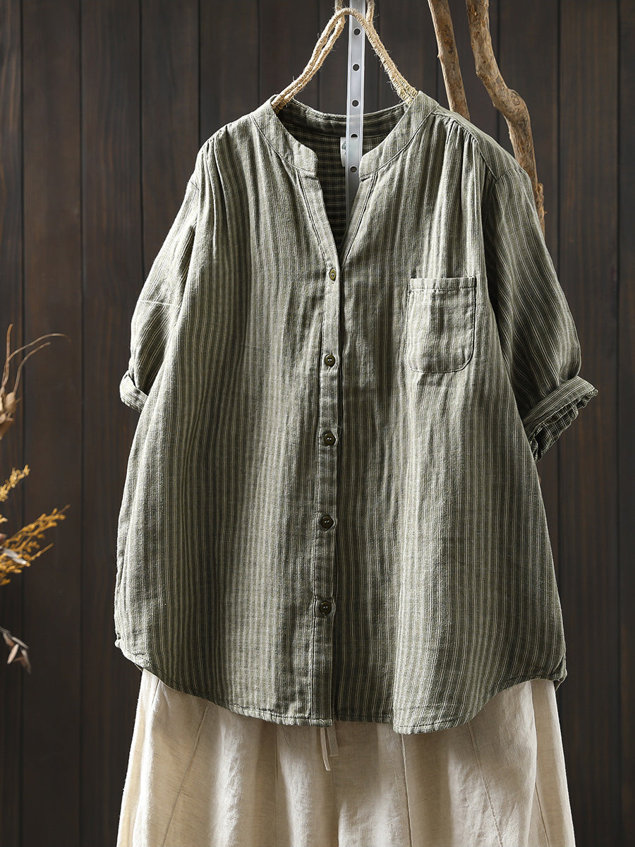 Women Summer Casual Stripe V-Neck 100%Cotton Shirt
