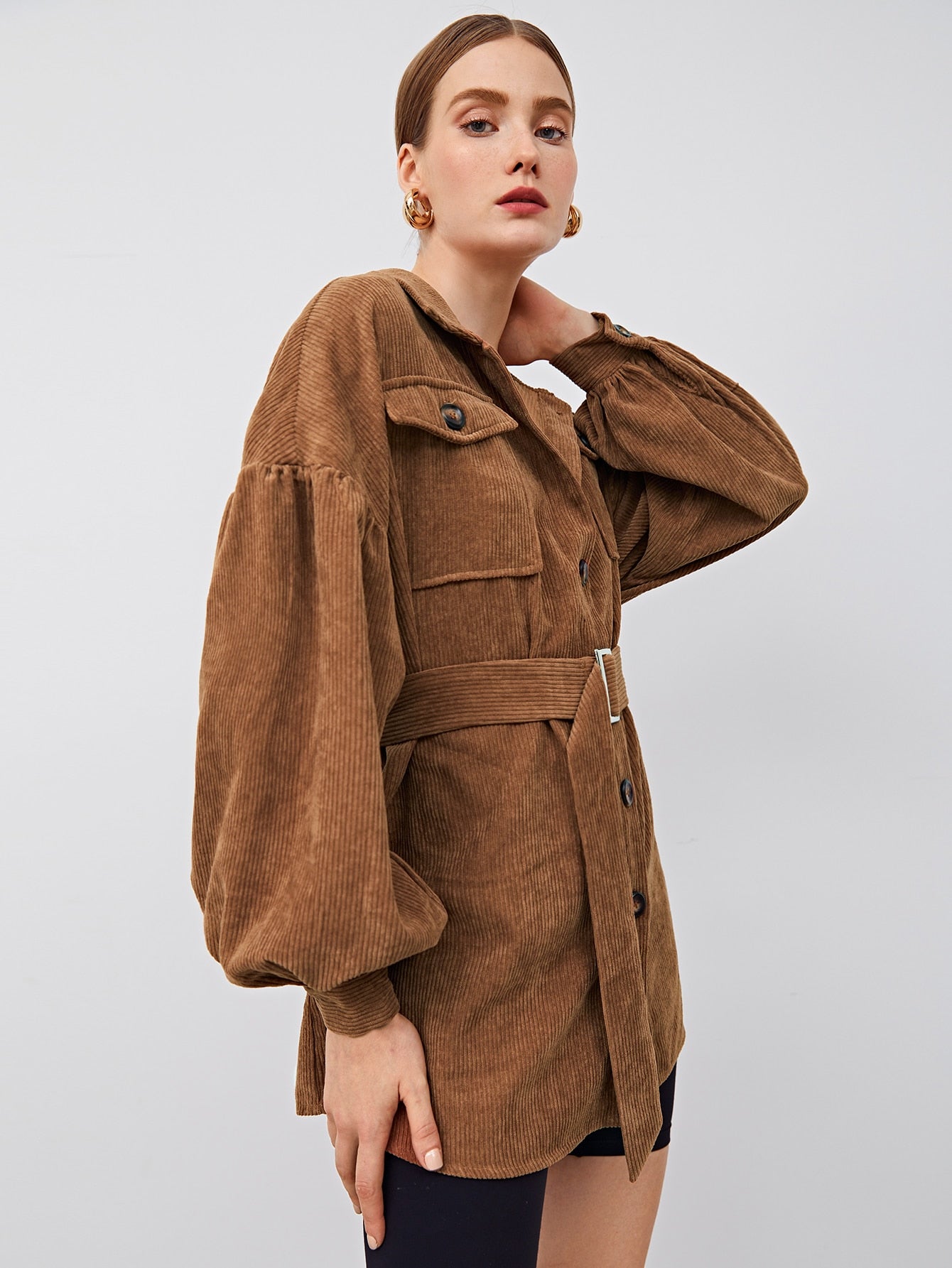 Collared Flap Pocket Front Buckle Belted Cord Coat without belt( CLEARANCE SALE