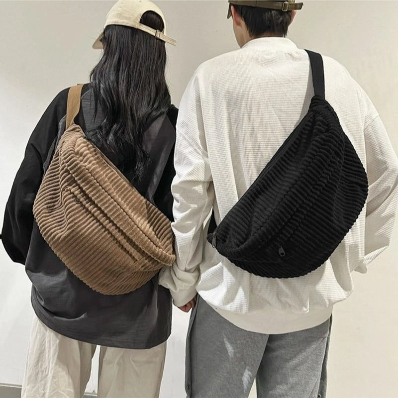 Unisex Corduroy Stripe Solid Color Basic Cloud Shape Zipper Shoulder Bag