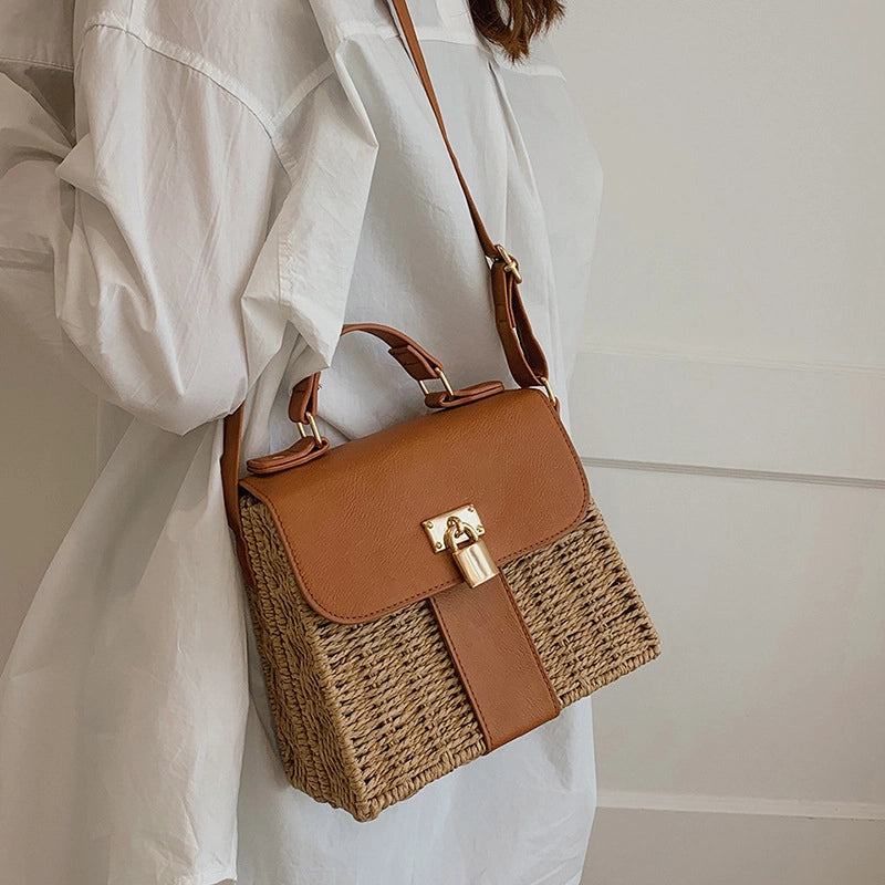 Women's Pu Leather Straw Color Block Vacation Square Lock Clasp Handbag