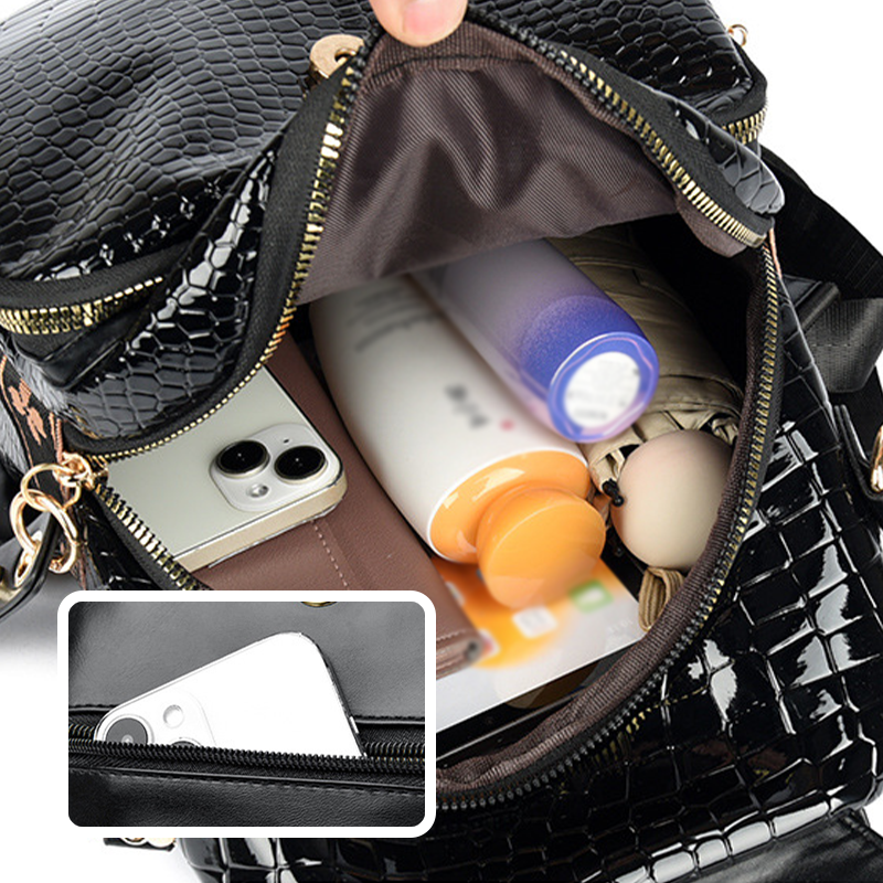 🎒Women's Black Large Capacity Sparkling Rhinestone & Geometric Print Backpack✨