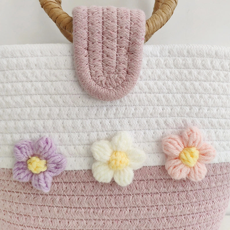 Women's Medium Cotton Color Block Flower Cute Weave Bucket Open Straw Bag