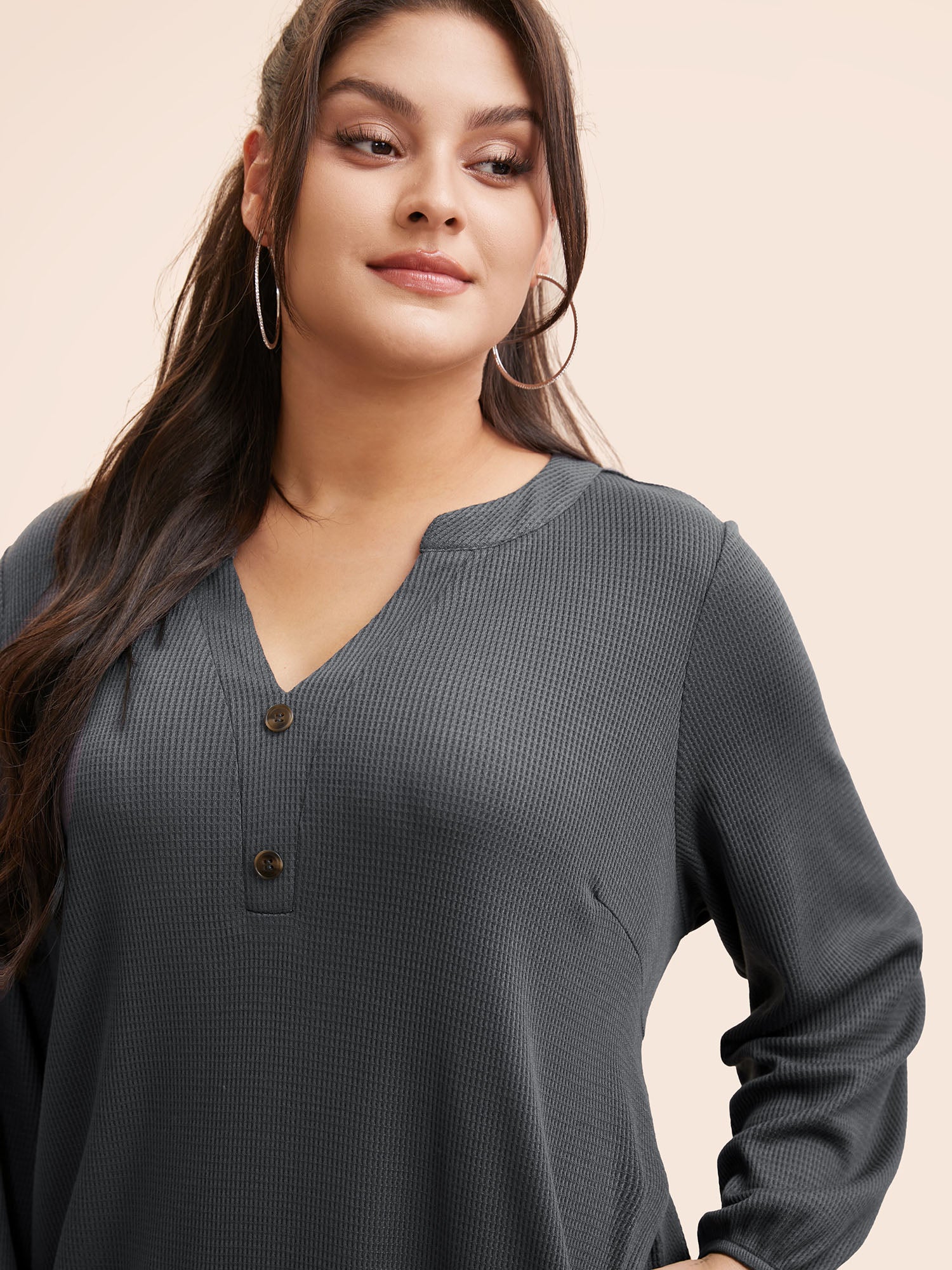 Notched Waffle Knit Button Detail Dress