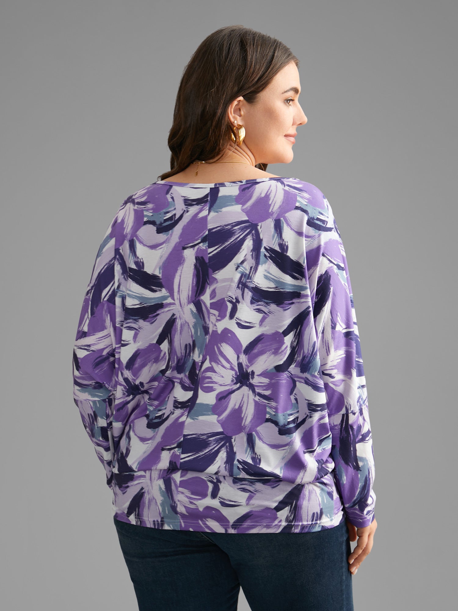 Watercolor Floral Boat Neck Batwing Sleeve Top