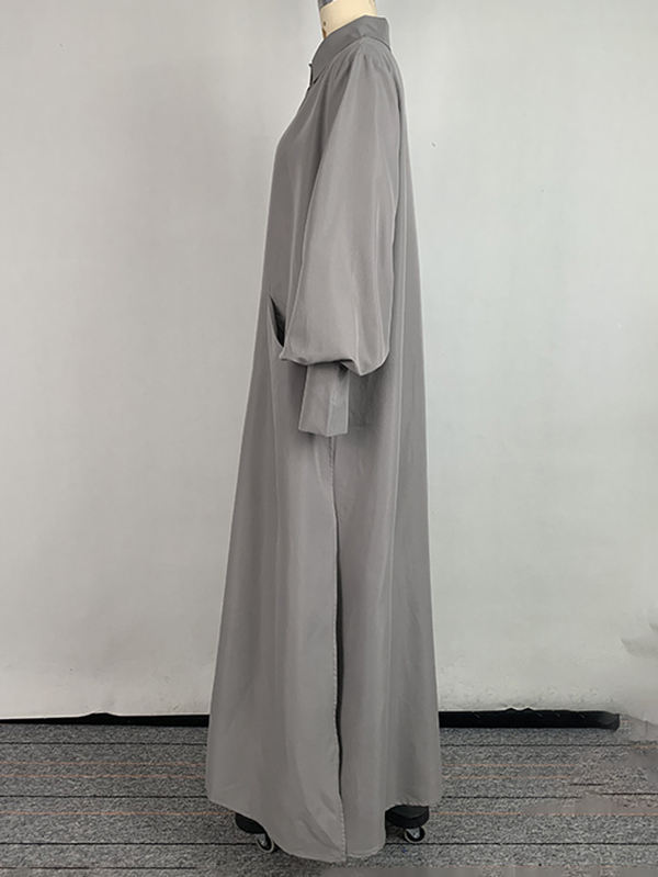 Long Sleeves Loose Solid Color Split-Joint Split-Side Lapel Maxi Dresses Shirt Dress