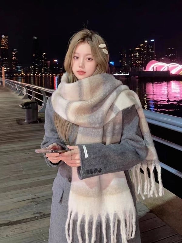 Brown Striped Scarf Women's Autumn And Winter  Trendy Winter Warm Imitation Cashmere Windproof Scarf For Students