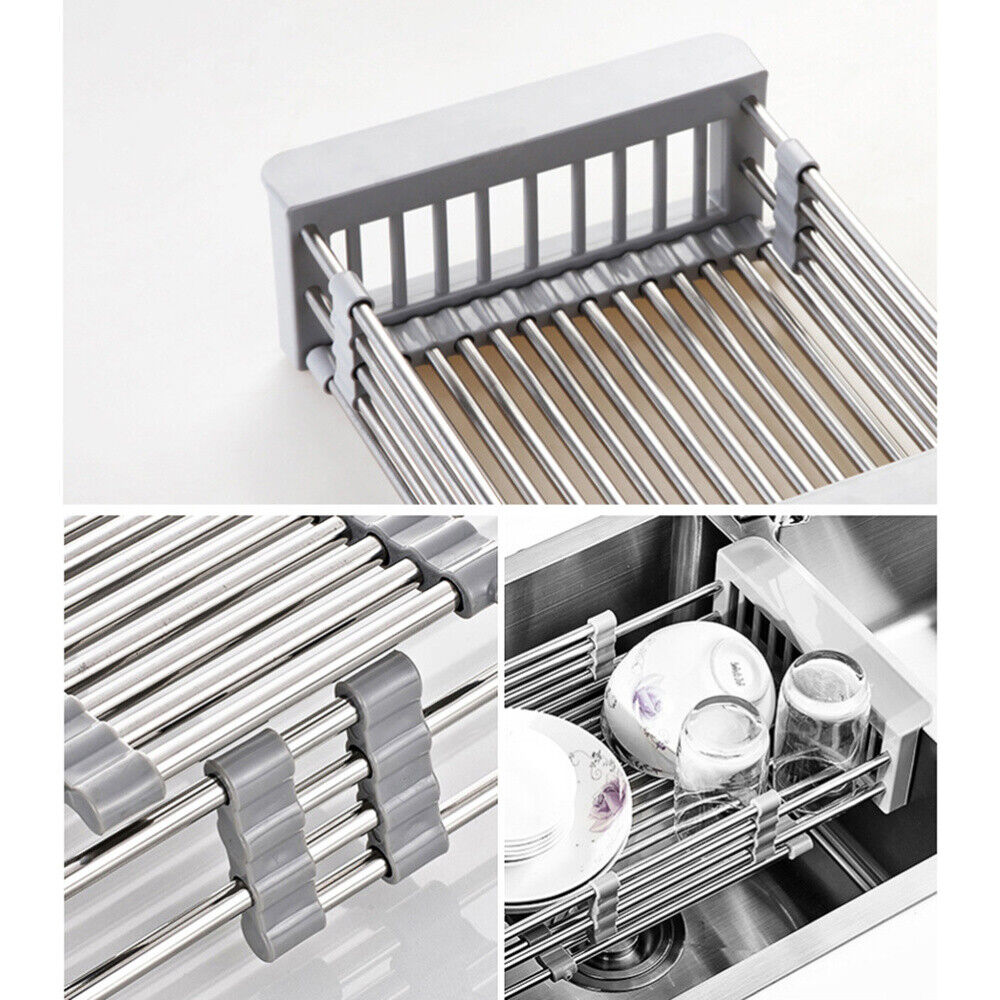 Stainless Steel Kitchen Sink Dish Drainer Counter Dish Drying Rack Collapsible Over The Sink