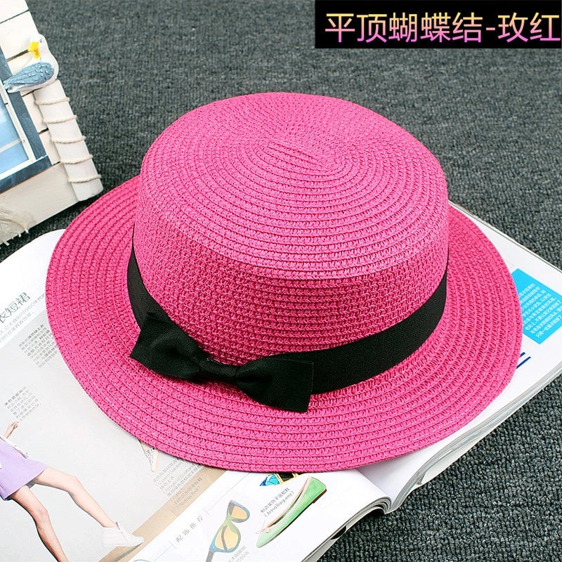 Straw Hat Sun Hat Trendy Women Summer Bow Straw Flat Top Hat